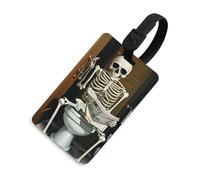 PU Leather Luggage Tag Cat and Sheep Cute Unique Leather Bag Tags for Suitcases Privacy Protection Bag Tags Travel Essentials, Black-funny Skeleton Bathroom Canvas, One Size