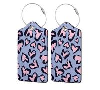 PU Leather Luggage Tags 2 Pack,Leopard Heart Pattern Baggage ID Tags with with Stainless Steel Loop and Privacy Cover Suitcase Labels for Travel,Backpack,Gym Bag