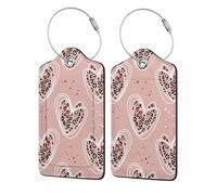 PU Leather Luggage Tags 2 Pack,Leopard Heart Pink Pattern Baggage ID Tags with with Stainless Steel Loop and Privacy Cover Suitcase Labels for Travel,Backpack,Gym Bag
