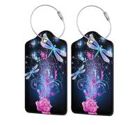 PU Leather Luggage Tags 2 Pack,Neon Dragonflies Baggage ID Tags with with Stainless Steel Loop and Privacy Cover Suitcase Labels for Travel,Backpack,Gym Bag