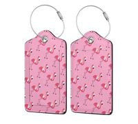 PU Leather Luggage Tags 2 Pack,Pink Flamingos Baggage ID Tags with with Stainless Steel Loop and Privacy Cover Suitcase Labels for Travel,Backpack,Gym Bag