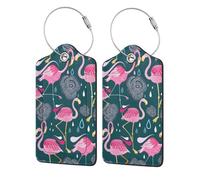 PU Leather Luggage Tags 2 Pack,Pink Flamingos with Flowers Baggage ID Tags with with Stainless Steel Loop and Privacy Cover Suitcase Labels for Travel,Backpack,Gym Bag