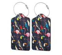 PU Leather Luggage Tags 2 Pack,Pink Flamingos with Parrots Baggage ID Tags with with Stainless Steel Loop and Privacy Cover Suitcase Labels for Travel,Backpack,Gym Bag