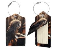 PU Leather Luggage Tags for Suitcase, 1 Suitcase Tag with Stainless Steel Loop Cute Name ID Label Set Owl Plays Piano Travel Baggage Bag Tag for Men Women Suitcase Labels