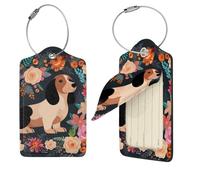 PU Leather Luggage Tags for Suitcase, 1 Suitcase Tag with Stainless Steel Loop Cute Name ID Label Set Dachshund Floral Travel Baggage Bag Tag for Men Women Suitcase Labels