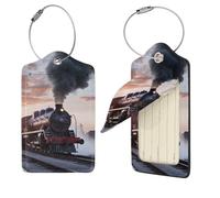 PU Leather Luggage Tags for Suitcase, 2 PCS Suitcase Tag with Stainless Steel Loop Cute Name ID Label Set Steam Train Depart Sunset Travel Baggage Bag Tag for Men Women Suitcase Labels