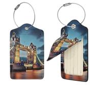 PU Leather Luggage Tags for Suitcase, 4 PCS Suitcase Tag with Stainless Steel Loop Cute Name ID Label Set Tower Bridge in London Travel Baggage Bag Tag for Men Women Suitcase Labels