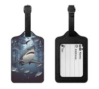 PU Leather Luggage Tags for Suitcase Baggage with Name Id Card | Funny Sharks Design, Bag Tag with Clear Id Window & Adjustable Strap, Baggage Identifiers for Travel Cruise Train Flight