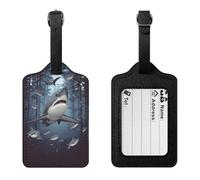 PU Leather Luggage Tags for Suitcase Baggage with Name Id Card | Funny Sharks Design, Bag Tag with Clear Id Window & Adjustable Strap, Baggage Identifiers for Travel Cruise Train Flight