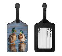 PU Leather Luggage Tags for Suitcase Baggage with Name Id Card | Two Mallard Ducks, Bag Tag with Clear Id Window & Adjustable Strap, Baggage Identifiers for Travel Cruise Train Flight