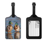PU Leather Luggage Tags for Suitcase Baggage with Name Id Card | Two Mallard Ducks, Bag Tag with Clear Id Window & Adjustable Strap, Baggage Identifiers for Travel Cruise Train Flight
