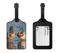 PU Leather Luggage Tags for Suitcase Baggage with Name Id Card | Two Mallard Ducks, Bag Tag with Clear Id Window & Adjustable Strap, Baggage Identifiers for Travel Cruise Train Flight