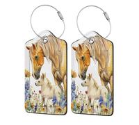 PU Leather Luggage Tags for Suitcase, Farmhouse Horse Watercolor Flower Nature Bag Tags for Backpacks Handbag School Bag Backpack with Stainless Steel Loop