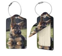 PU Leather Luggage Tags for Suitcase,Privacy Cover ID Label with Stainless Steel Loop, Travel Bag Tag German Shepherd Puppy Name Tags for Baggage Tag Suitcase Labels for Women Men, Black, 2 Pcs
