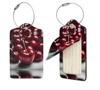 PU Leather Luggage Tags for Suitcase,Privacy Cover ID Label with Stainless Steel Loop, Travel Bag Tag Red Cherry Name Tags for Baggage Tag Suitcase Labels for Women Men