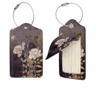 PU Leather Luggage Tags for Suitcase,Privacy Cover ID Label with Stainless Steel Loop, Travel Bag Tag Purple Elegant Peony Flower Name Tags for Baggage Tag Suitcase Labels for Women Men