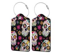 PU Leather Luggage Tags for Suitcase, Sugar Skull Halloween Skeleton Floral Day of The Dead Bag Tags for Backpacks Handbag School Bag Backpack with Stainless Steel Loop
