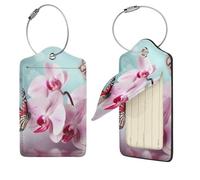 PU Leather Luggage Tags for Suitcase, Suitcase Tag with Stainless Steel Loop Cute Name ID Label Set Orchid Flower Butterfly Soft Fresh Spring Travel Baggage Bag Tag for Men Women Suitcase Labels