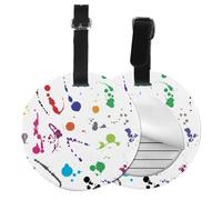 PU Leather Luggage Tags for Suitcases 2 Pcs, Round Suitcase Id Tags with Privacy Protection, Abstract Paint Splashes, Travel Bag Name Tags for Women Men, Durable Personalized Travel Accessories