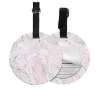 PU Leather Luggage Tags for Suitcases 2 Pcs, Round Suitcase Id Tags with Privacy Protection, Gray Pink Abstract Marble, Travel Bag Name Tags for Women Men, Durable Personalized Travel Accessories