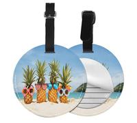 PU Leather Luggage Tags For Suitcases 2 Pcs, Round Suitcase Id Tags With Privacy Protection, Seaside Beach Yellow Pineapple, Travel Bag Name Tags For Women Men, Durable Personalized Travel Accessories