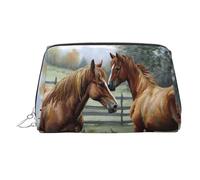 PU Leather Makeup Bag Travel Cosmetic Bags Waterproof Large Capacity Toiletry Organizer with Zipper, Cute Portable Pouch Animals Embroidery Paintings Horses Toiletry Bag Make Up Bag for Women