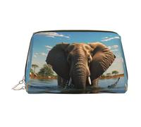 PU Leather Makeup Bag Travel Cosmetic Bags Waterproof Large Capacity Toiletry Organizer with Zipper, Cute Portable Pouch Elephant is Sitting in The Water Toiletry Bag Make Up Bag for Women