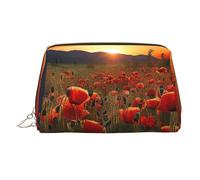 PU Leather Makeup Bag Travel Cosmetic Bags Waterproof Large Capacity Toiletry Organizer with Zipper, Cute Portable Pouch Red Poppy Flower Field in Sunset Toiletry Bag Make Up Bag for Women