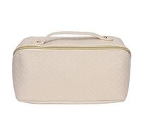 PU Leather Makeup Storage Bag, Travel Cosmetic Organizer with Woven Pattern and Zipper Closure, Water Large Capacity Pouch for Women On the Go (White)