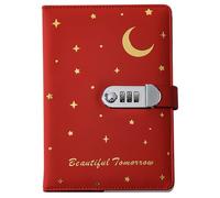 PU Leather Password Notebook, A5 Moon and Stars Diary with Lock, Vintage Journal with Combination Lock(Red)