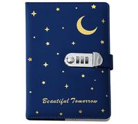 PU Leather Password Notebook, A5 Moon and Stars Diary with Lock, Vintage Journal with Combination Lock(Dark Blue)