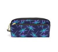 PU Leather Pencil Case Dragonfly Dark Blue Pen Pouch Makeup Cosmetic Bag