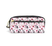 PU Leather Pencil Case Penguins Pink Roses Pen Pouch Makeup Cosmetic Bag