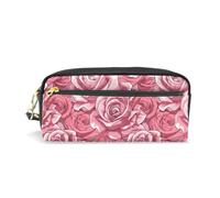 PU Leather Pencil Case Pink Roses Pattern Pen Pouch Makeup Cosmetic Bag