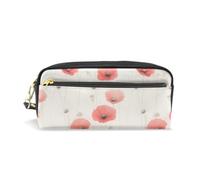 PU Leather Pencil Case Red White Poppies Pen Pouch Makeup Cosmetic Bag
