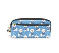 PU Leather Pencil Case White Fluffy Dog Dots Pen Pouch Makeup Cosmetic Bag