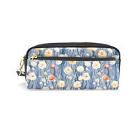 PU Leather Pencil Case White Red Poppies Pen Pouch Makeup Cosmetic Bag
