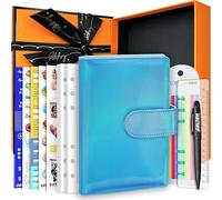 PU Leather Personal Notebook Planner with 67 Pages Loose-Leaf Papers 6 Holes Ring Binder Pen Holder Magnetic Buckle (Holographic Cyan,A6 Gift Box)