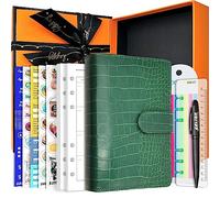 PU Leather Personal Notebook Planner with 67 Pages Loose-Leaf Papers 6 Holes Ring Binder Pen Holder Magnetic Buckle (Green Faux Crocodile Texture,A6 Gift Box)