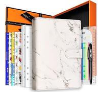 PU Leather Personal Notebook Planner with 67 Pages Loose-Leaf Papers 6 Holes Ring Binder Pen Holder Magnetic Buckle (White Marble,A5 Gift Box)