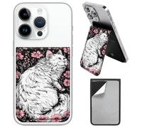 PU Leather Phone Wallet Stick On, Adjustable Stand Phone Card Holder Stick On Wallet, Securely Stores ID Cards & Cash, Waterproof Card Phone Holder Universal Most Cellphones A16, White Cat Flower