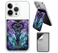 PU Leather Phone Wallet Stick On, Adjustable Stand Phone Card Holder Stick On Wallet, Securely Stores ID Cards & Cash, Waterproof Card Phone Holder Universal Most Cellphones A14, Two Heart Wings, Size