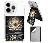 PU Leather Phone Wallet Stick On, Adjustable Stand Phone Card Holder Stick On Wallet, Securely Stores ID Cards & Cash, Waterproof Card Phone Holder Universal Most Cellphones A11, Golden Lotus Flower