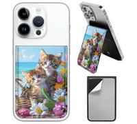 PU Leather Phone Wallet Stick On, Adjustable Stand Phone Card Holder Stick On Wallet, Securely Stores ID Cards & Cash, Waterproof Card Phone Holder Universal Most Cellphones A17, Two Kittens Cat, Size