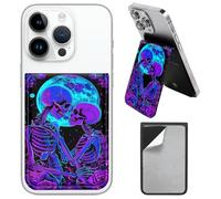 PU Leather Phone Wallet Stick On, Adjustable Stand Phone Card Holder Stick On Wallet, Securely Stores ID Cards & Cash, Waterproof Card Phone Holder Universal Most Cellphones A12, Skeleton Embracing
