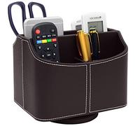 PU Leather Remote Control Holder 360 Degree Spinning Desk Organizer Storage Box for Remote Controllers, TV Guide, Mail, Electronics, Pen,Stationery and Media Storage (Brown)