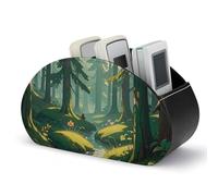 PU Leather Remote Organizar Box for Office, Enchanted Wilderness Fantasy on Dark Green TV Remote Control Holder with 5 Compartments, Anti-slip Desktop Remote Caddy Storage for DVD, Blu-Ray, Media Pla