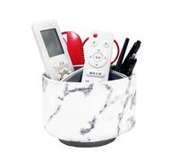 PU Leather Round TV Remote Control Holder for Table,360° Swivel Office Supply Desktop Organizer,4 Compartments Phone/Pen/Pencil Holder,Suitable for Stationery/Heater Controllers Etc (White Marble)