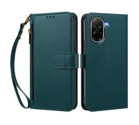 PU Leather Shockproof Phone Case Compatible with Redmi 15A 5G Abroad/Redmi R70 5G-Scratch Protective Cove 4 Card Holder & 1 Zipper with Wrist Strap Folio Flip Case-Green
