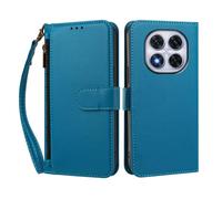 PU Leather Shockproof Phone Case Compatible with Redmi Note 14 Pro 5G/Redmi Note 14 Pro Plus/Xiaomi POCO X7 5G/Redmi Note 14 Pro 5G (India) Wrist Strap Folio Flip Case-Lake Blue